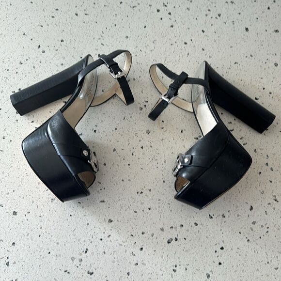 Michael Kors Racquel Platform Black Leather high Block Heels Open Toe Size 6.5M - Picture 10 of 16